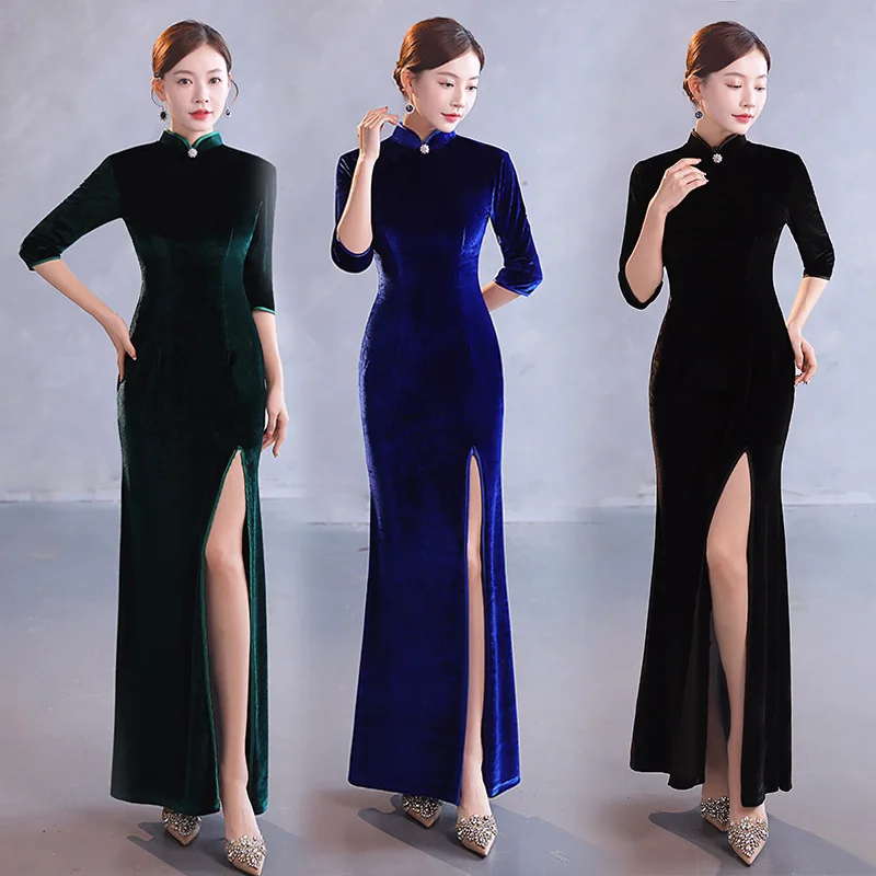 

Retro Elegant Half Sleeve Split Mermaid Solid Color Velour Qipao Mandarin Collar Runway Show Cheongsam Chinese Women Dress