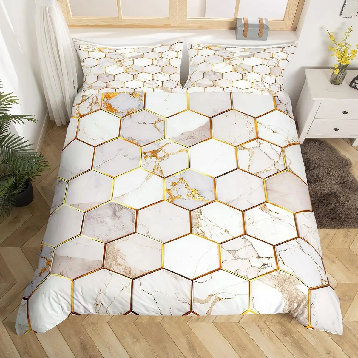 Geometric Duvet Cover Set Twin Queen Size, Luxury Marble Stone Comforter Cover Modern Abstract Honeycomb Hexagon Comforter Cover