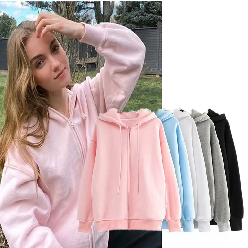 

American Style Pink Fleece Lined Hooded Open Cardigan Women's Loose Fit Trendy Ins Streetwear Long Sleeve Zipper Casual Coat