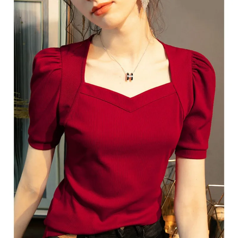 Woman\'s Clothing Spring Summer Style Basic T-Shirts Tops Lady Slim Short Puff Sleeve Square Collar Blouse Tops SS062