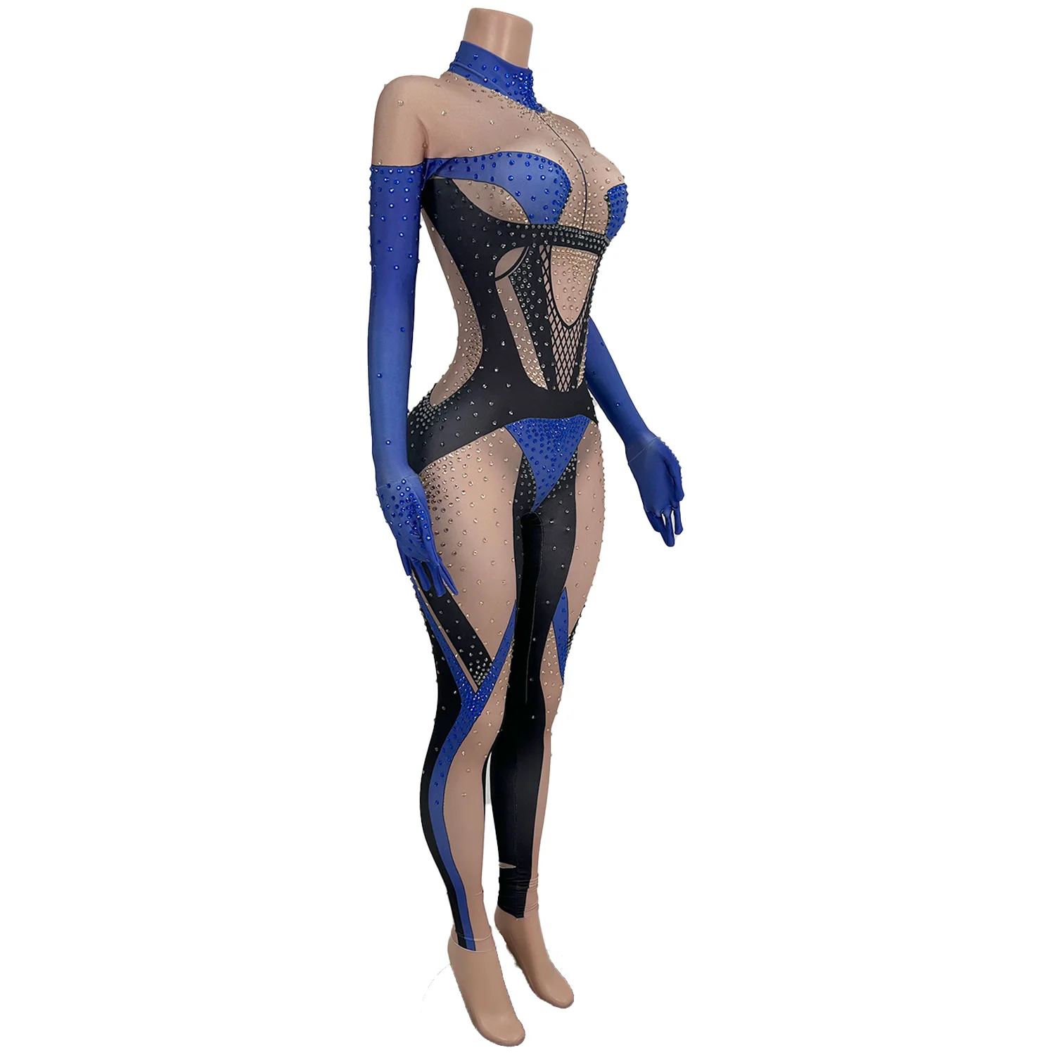 Women Spandex Sparkly Rhinestone Tight Fitting Jumpsuit Full Gloves Club Show Performance Dancer Singer Stage Wear Lanmo