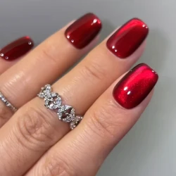 Women Girls 24Pcs/Set Short Square Red French Cat Eye Trendy Versatile Full Coverage Wearable Fake Nail Press on Nail Art