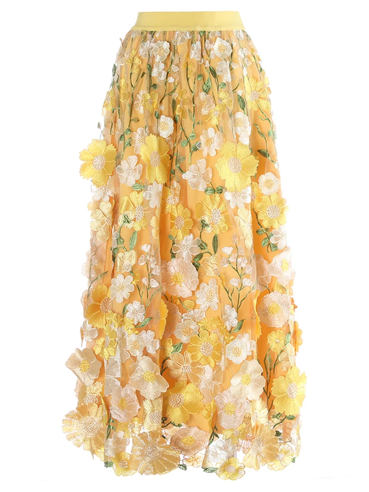 YERMORA High Elastic Waist Embroidery Flower Lacked Elegant Half Body Skirt For Women Fashion Tide Spring Summer 2025 New A398