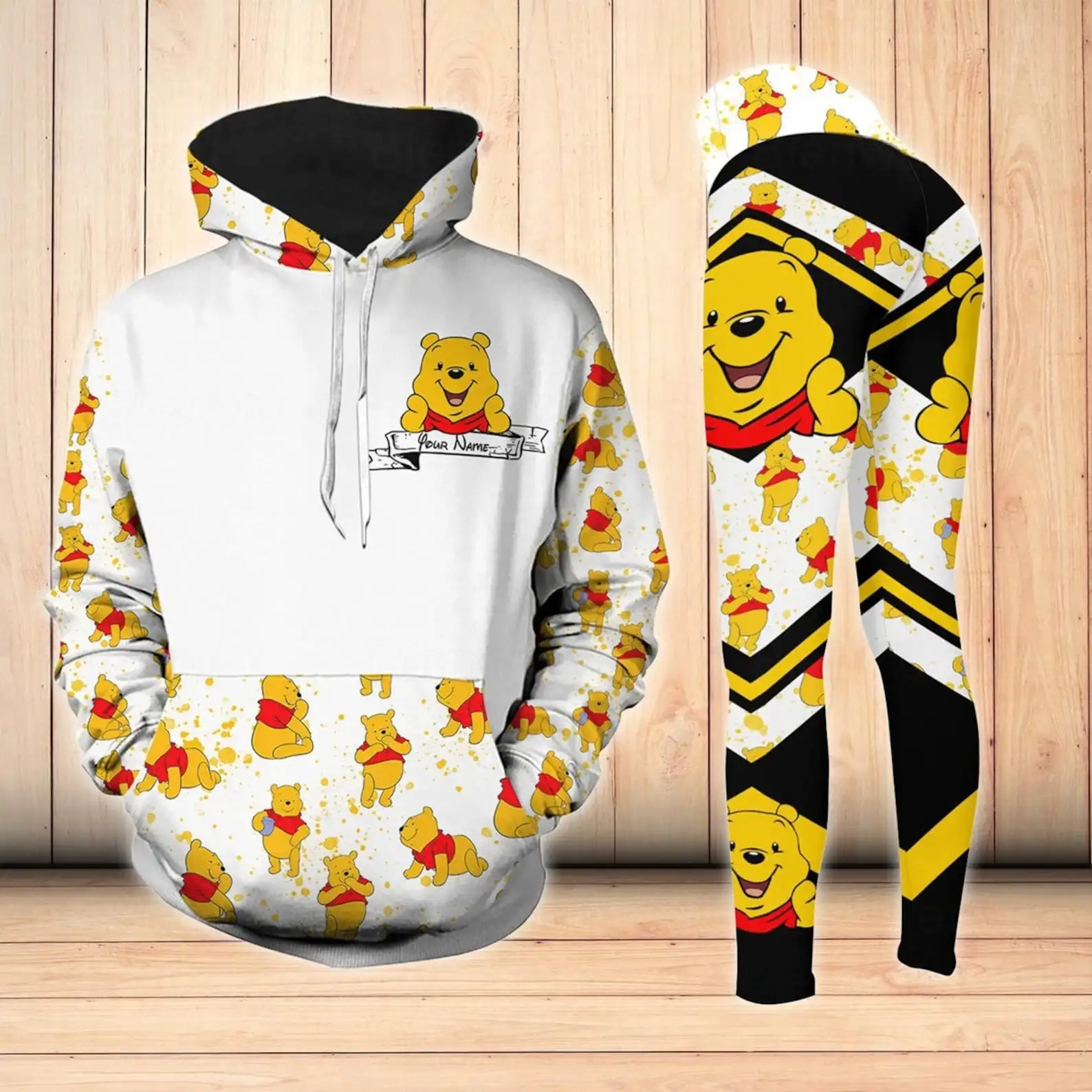 Personalizado winnie the pooh 3d moletom com capuz feminino calças de yoga conjunto disney yoga leggings moletom com capuz moda esportes terno