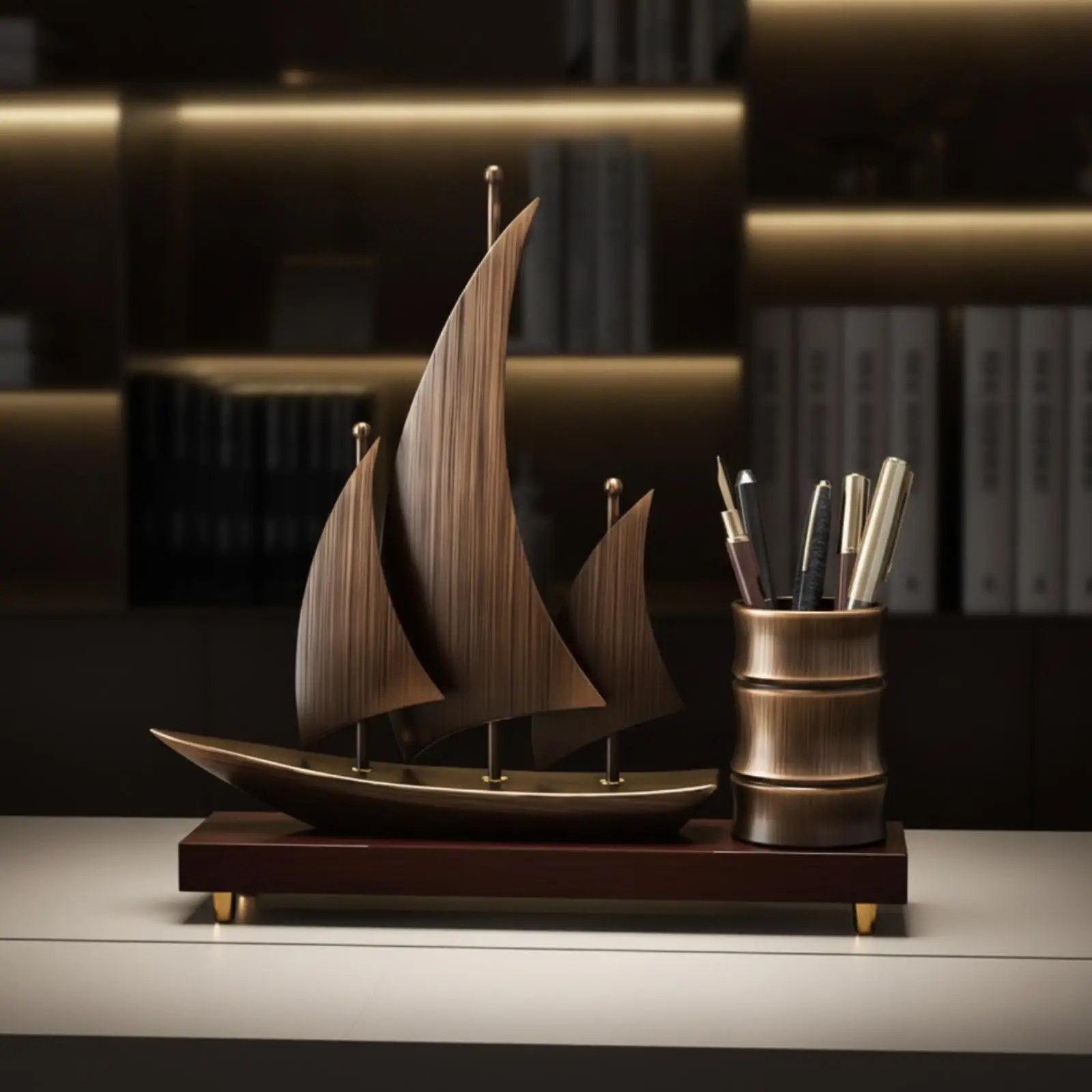 Sailboat Pen Cup with Display Base Nautical Sailboat Pen Holder Burnished Finish Table Stand for Professionals, Executives,