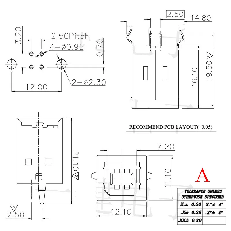 1pcs USB 2.0 Connector Socket Jack Female Type B 90/180 Degree Connector Soldering PCB Connector D Printer Interface White/Black