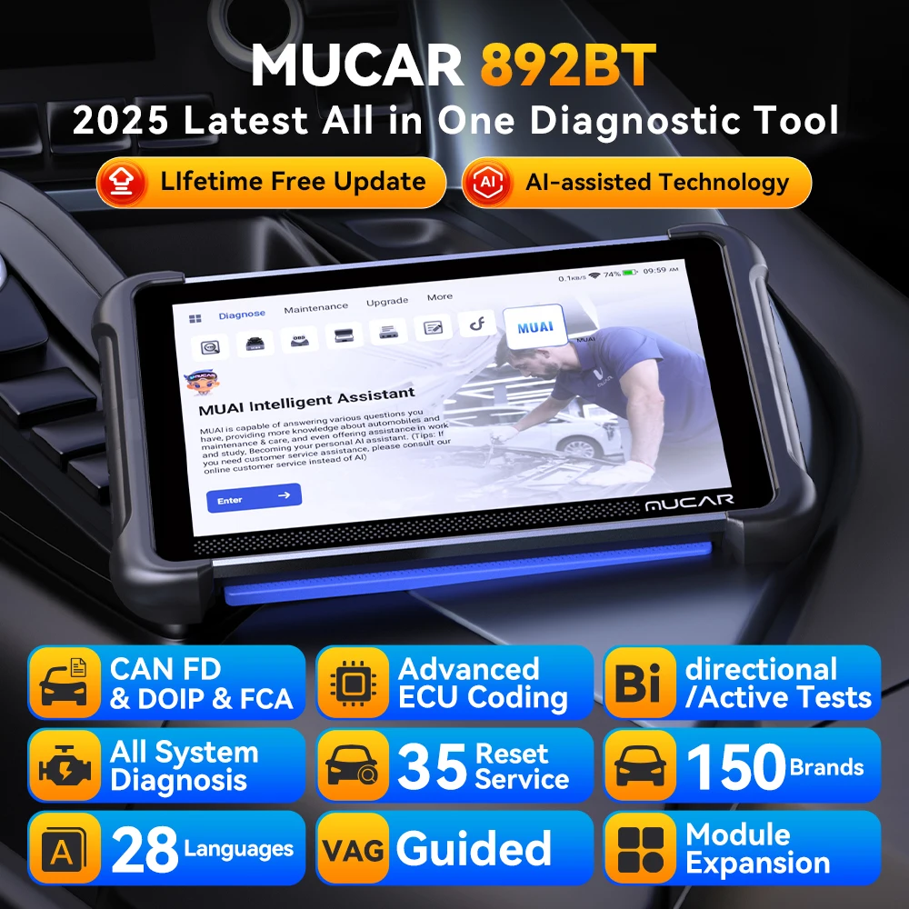 MUCAR 892BT OBD2 Diagnostic Tool AI CAN FD/DOIP All System Diagnosis 35 Resets Bi-directional ECU Coding Lifetime Free Update