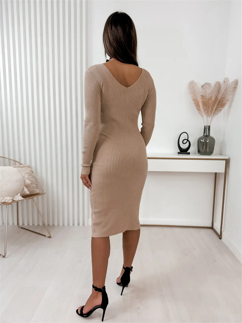Casual Solid Ribbed Column Knee Length V-Neck Long Sleeve Women Knit Dress