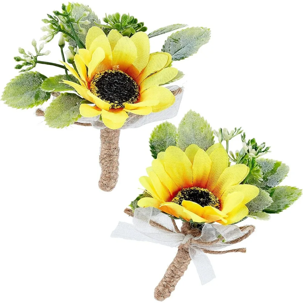 2pcs Sunflower Boutonniere for Men Wedding, Yellow Groom Boutonniere with Pins Boutonniere Buttonholes Groom Groomsman Brooch