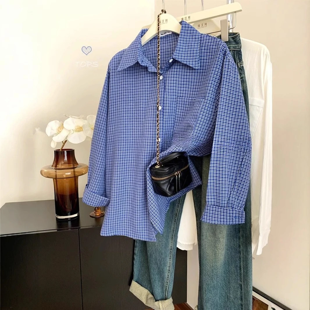 

Blue Plaid Long-sleeve Shirt Jacket for Women, Early Autumn Vintage Lazy Style, Loose Casual Slim Fit Checkered Shirt.