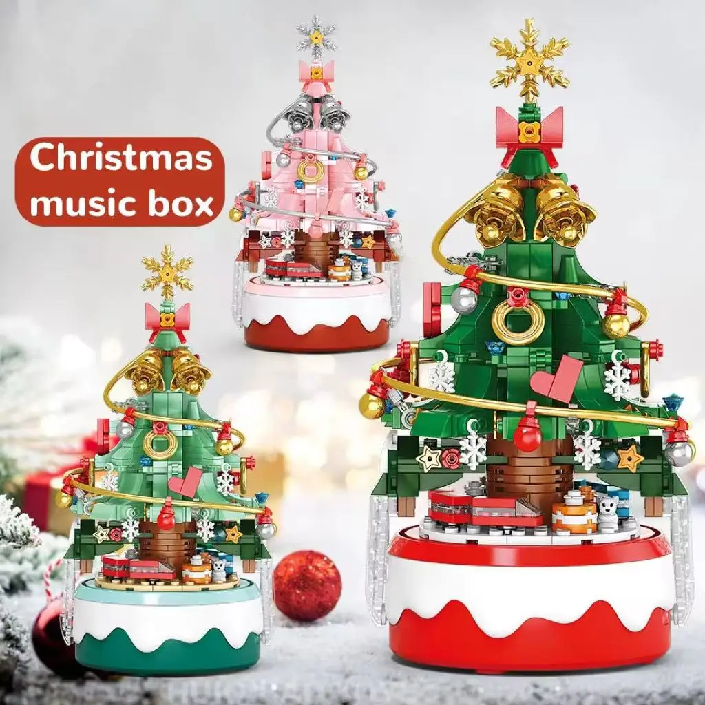 418PCS Christmas Tree Mini Blocks Rotating Music Box Light Ornaments Boys And Girls Christmas Birthday Gift Toys for Childrens