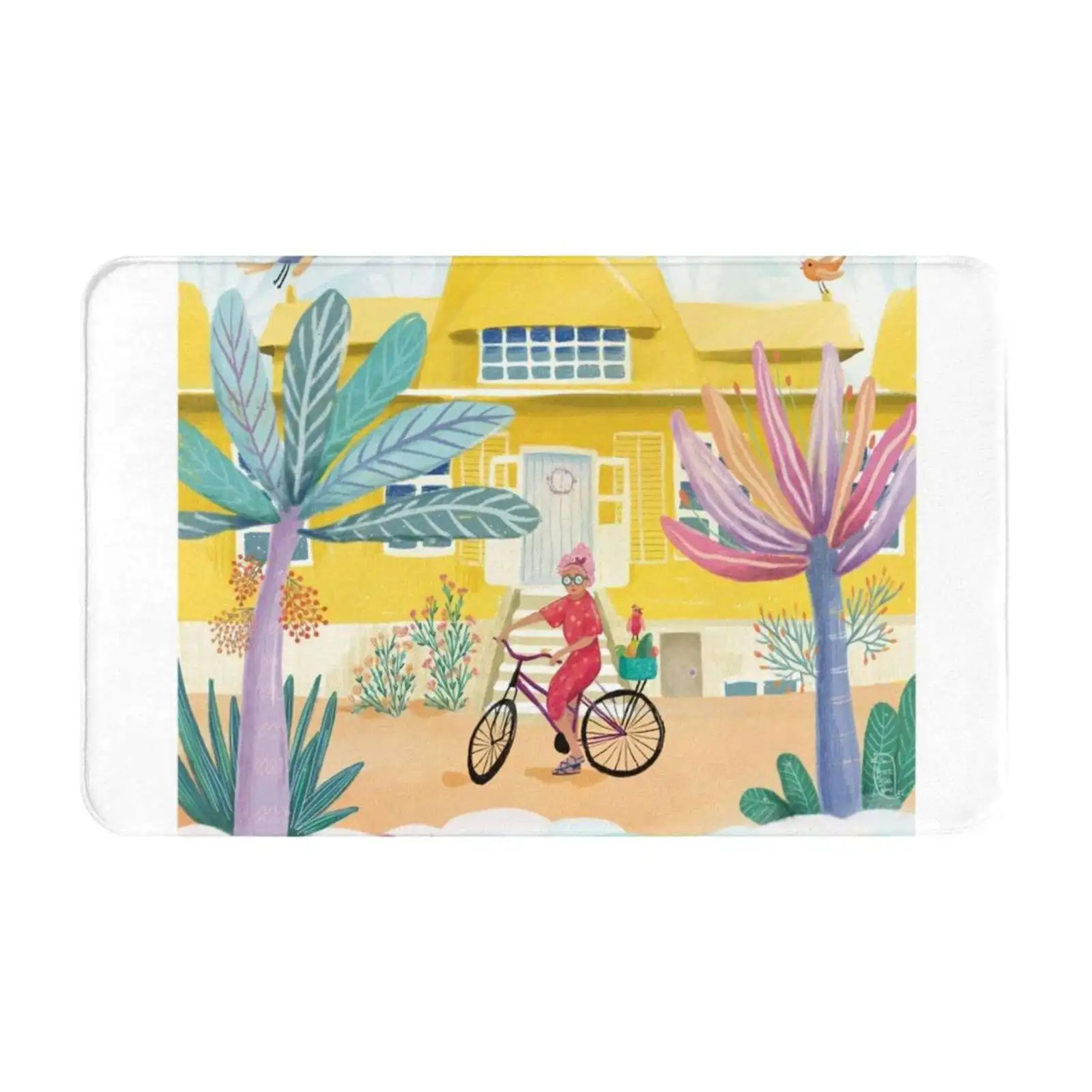 Islandlife Soft Cushion Car Home Carpet Door Mat Island Colours Ocean Birds Yellow House Palms Bicycle Lady In Red