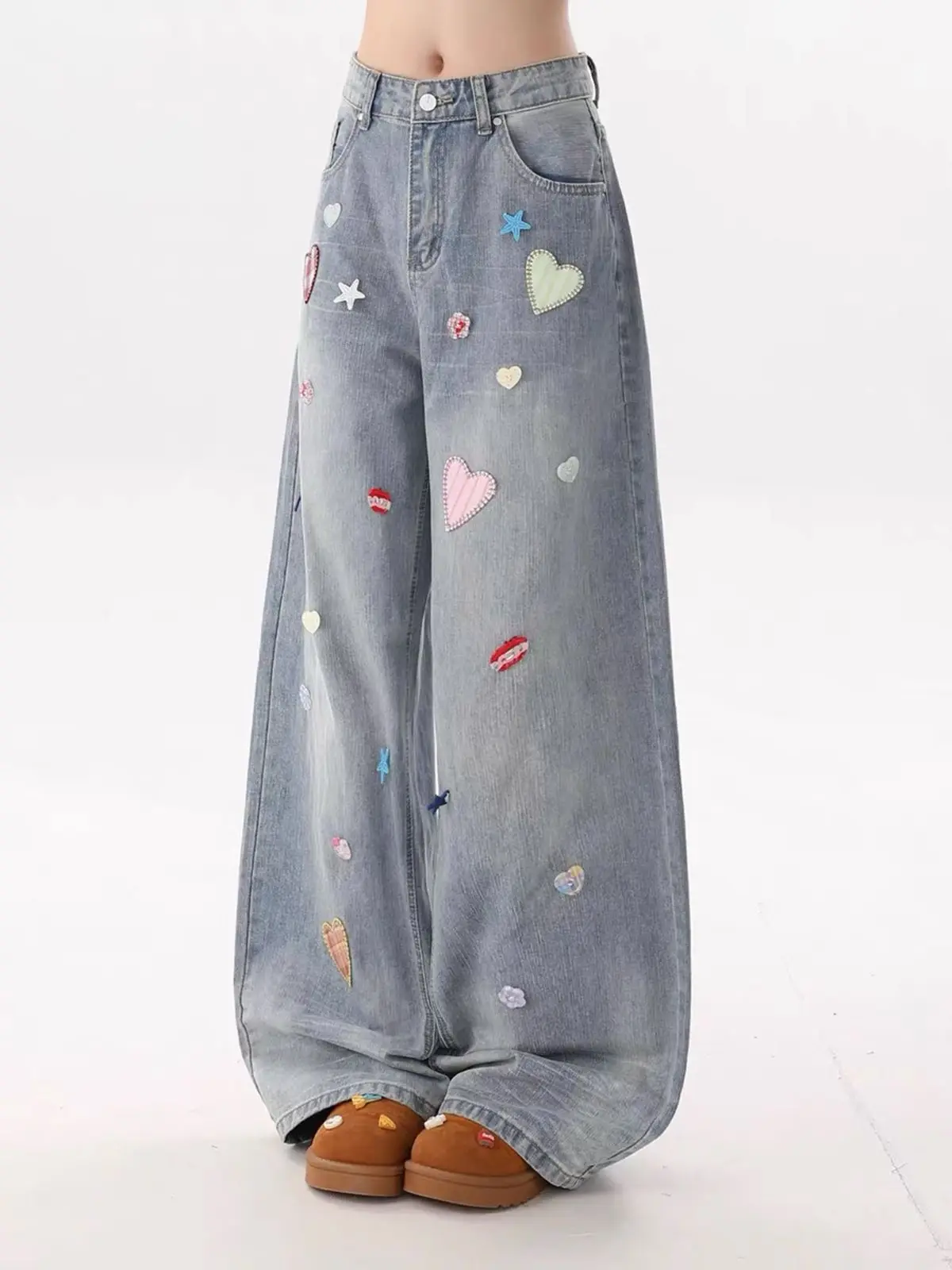 Y2K Summer Fashion Star Heart Patches Women Full Length Jeans Casual Button Loose Wide Leg Denim Trousers American Streetwear