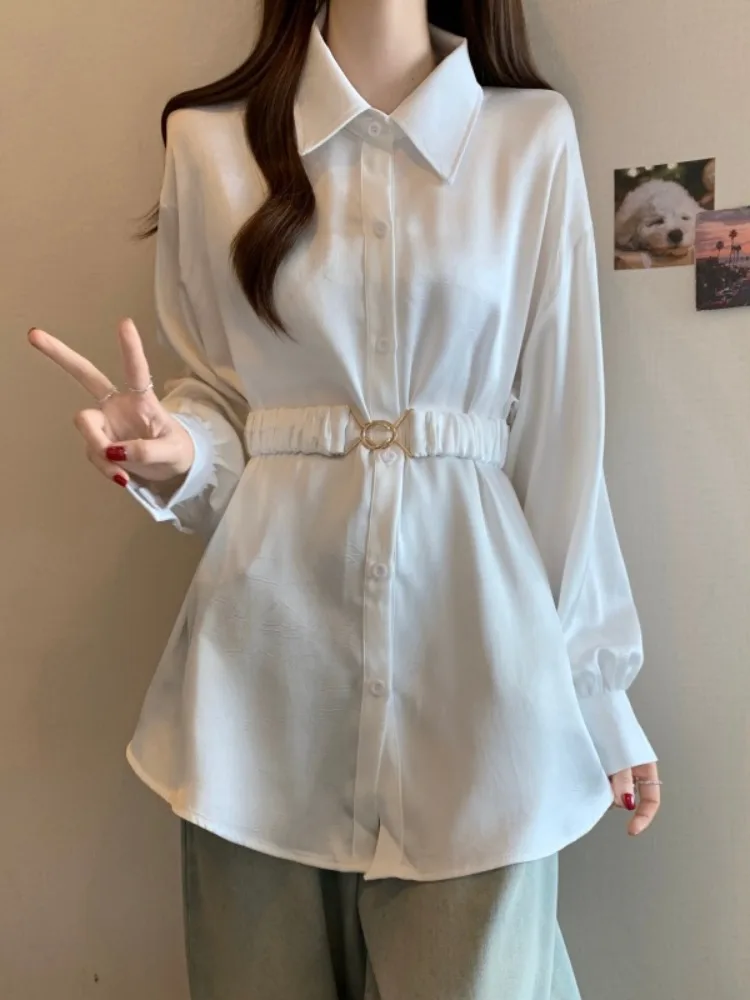 

Bonboho женская свободная рубашка во французском стиле, однотонная блузка с воротником с лацканами и длинными рукавами, блузка на пуговицах с поясом, элегантные рубашки, праздничная одежда