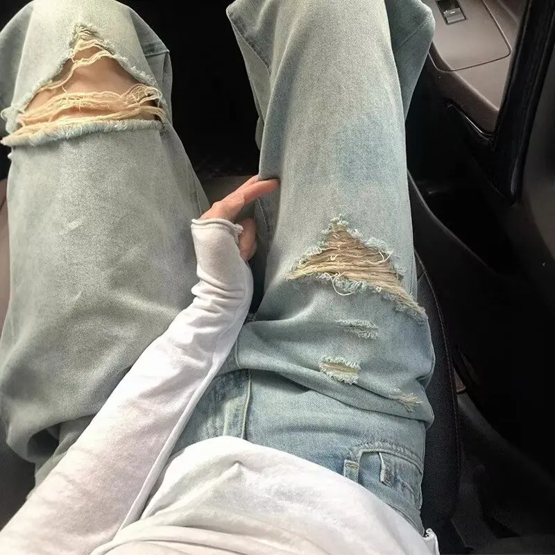 

Американские уличные старые рваные джинсы большого размера для женщин в летних брюках с высокой талией и широкими штанинами для похудения