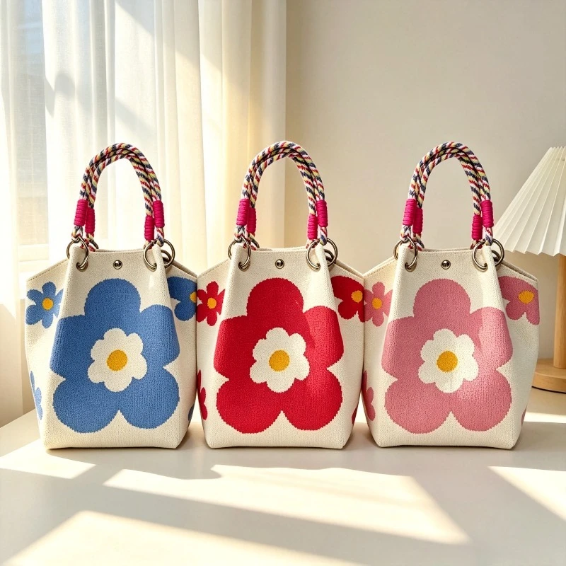 Korean floral knit tote bag with large capacity and cute printing is portable and suitable for daily commuting shopping. bags