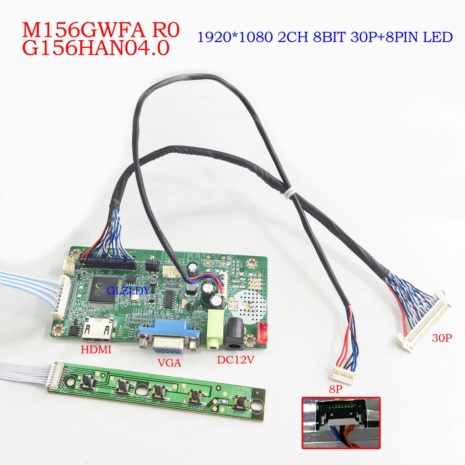 

Комплект платы драйвера ЖК-дисплея для 15.6-дюймовых панелей M156GWFA R0 G156HAN04.0 1920*1080 LVDS 30P с подсветкой, 8P HDMI, VGA, аудио для ремонта промышленных панелей