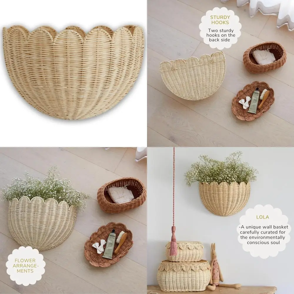 BEBE BASK Cesta de pared de mimbre festoneada - The Original - Cesta tejida a mano - Cestas para colgar en la pared con decoración festoneada -16 x 10 x 7 pulgadas