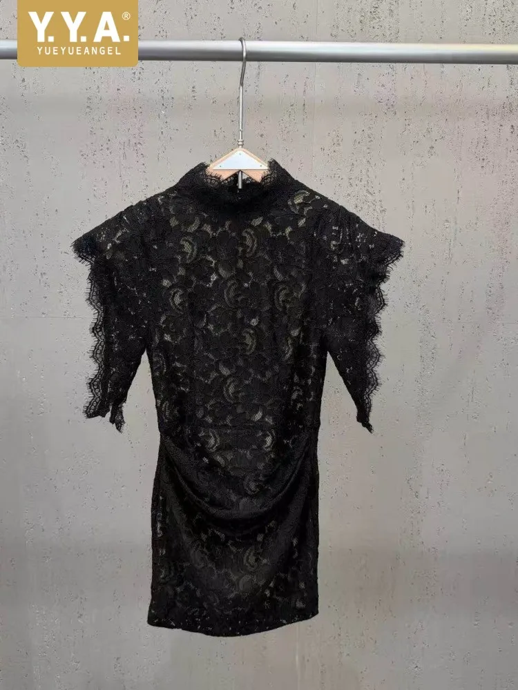 

Fashion Womens Summer Short Sleeve Slim Lace Dresses Half High Collar Sweet Elegant Dress Chic Female Above Knee Length Dresses