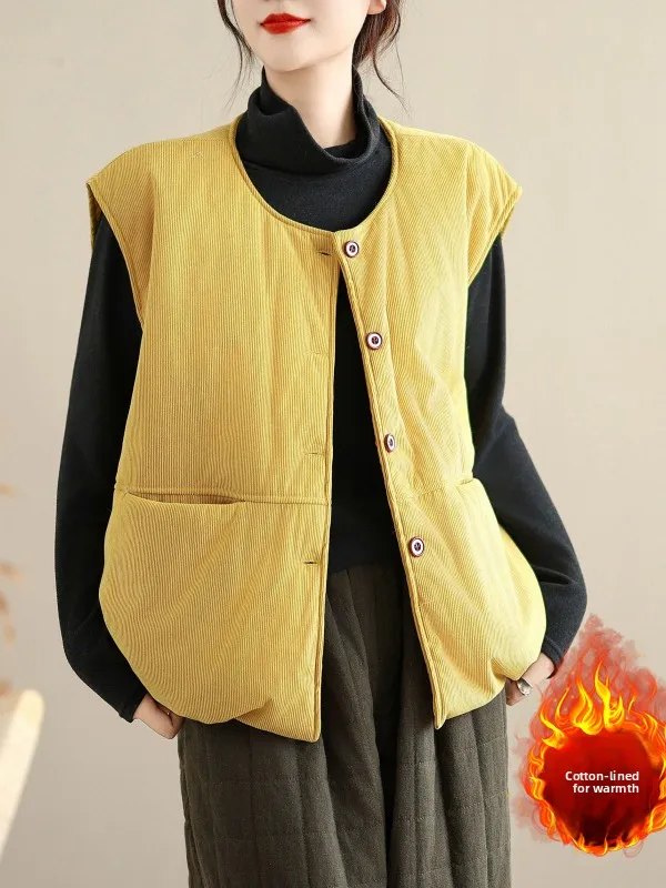 

Желтый вельветовый терможилет большого размера для женщин, модный осенне-зимний кардиган с хлопковым наполнителем