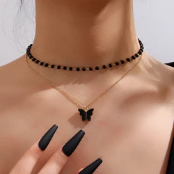 Black Butterfly Pendant Necklace Bead Opal Chain Shiny Women Trendy Temperament Jewelry Choker Necklace Wedding Jewelry