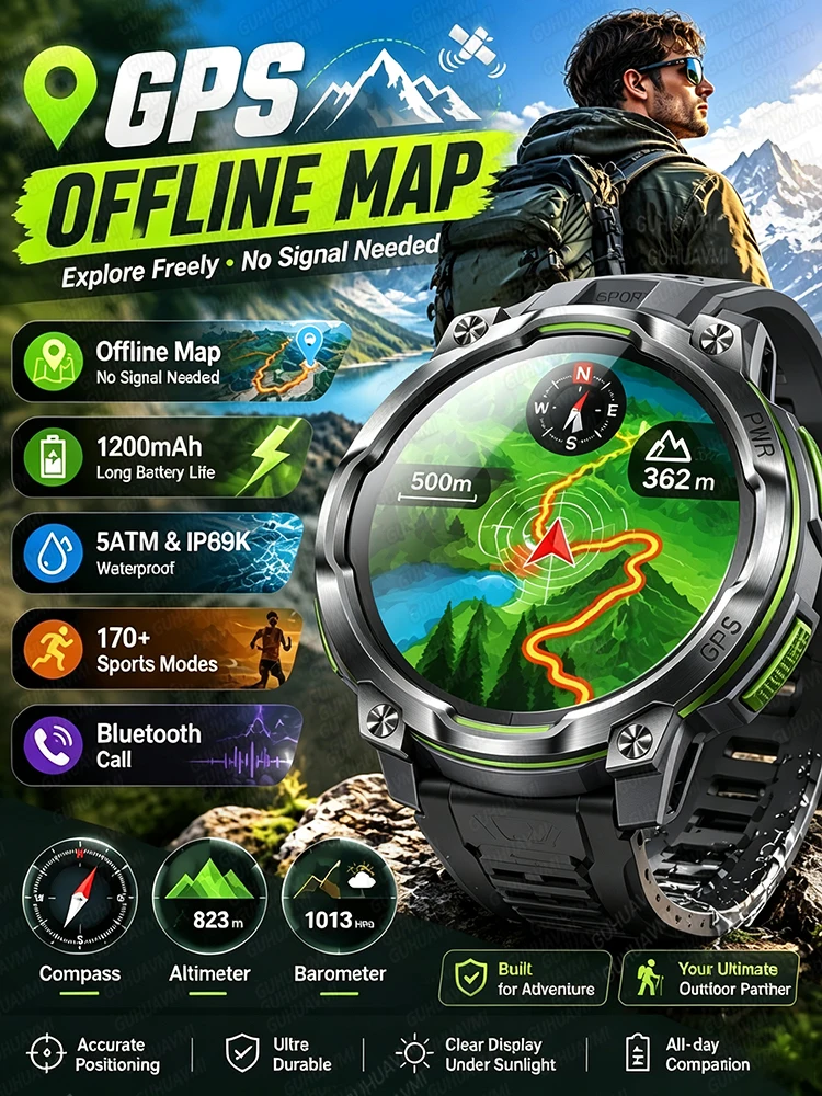 Nowy smartwatch z nawigacją GPS i mapami 2026, 1200mAh, kompas, wysokościomierz, zegarek sportowy, wodoodporna bransoleta, ChatGPT, wojskowy smartwatch męski — 2