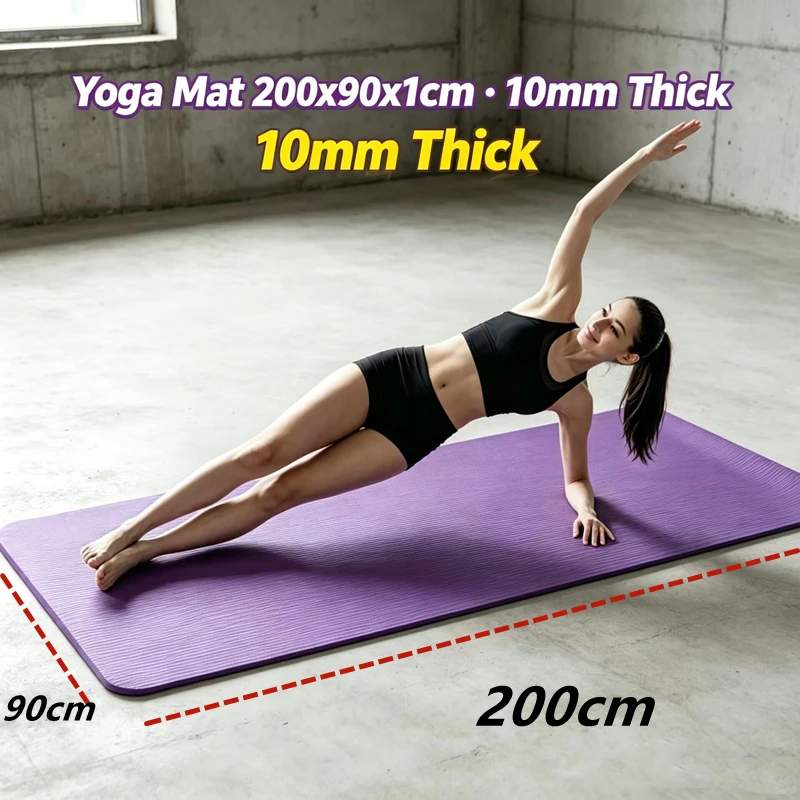 Oversized Yoga Mat 200*90cm 10mm Thick Non‑Slip Waterproof Shock Absorbing Portable Pilates Stretching Sports Exercise Training