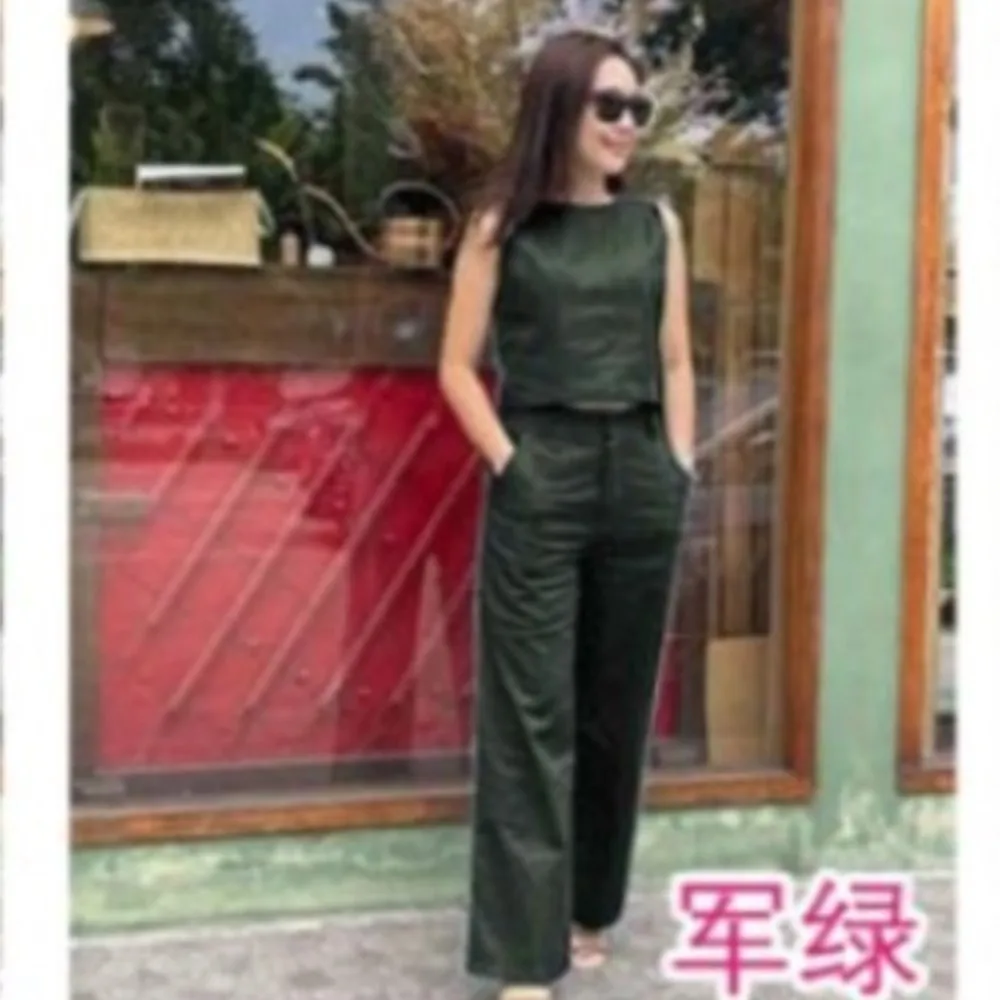 Fashion Cotton  Linen Sleeveless O Neck Solid Color Women\'s Suit Spring Summer New  Slim Pocket Pants Female Office 2 Piece Set