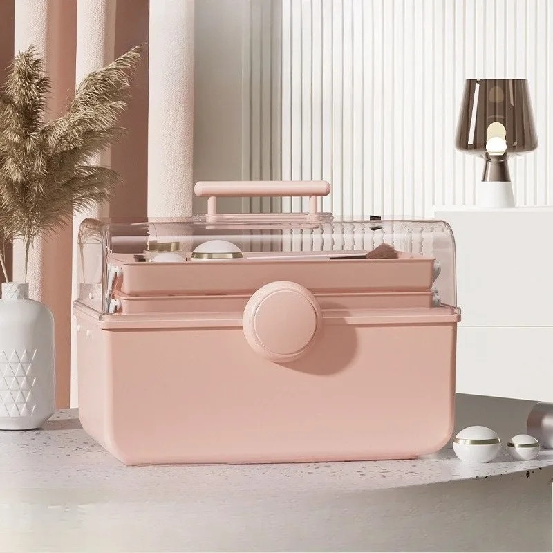 Caixa de armazenamento de drogas portátil desktop portátil de grande capacidade caixa de armazenamento de cosméticos plástico à prova de poeira e transparente.