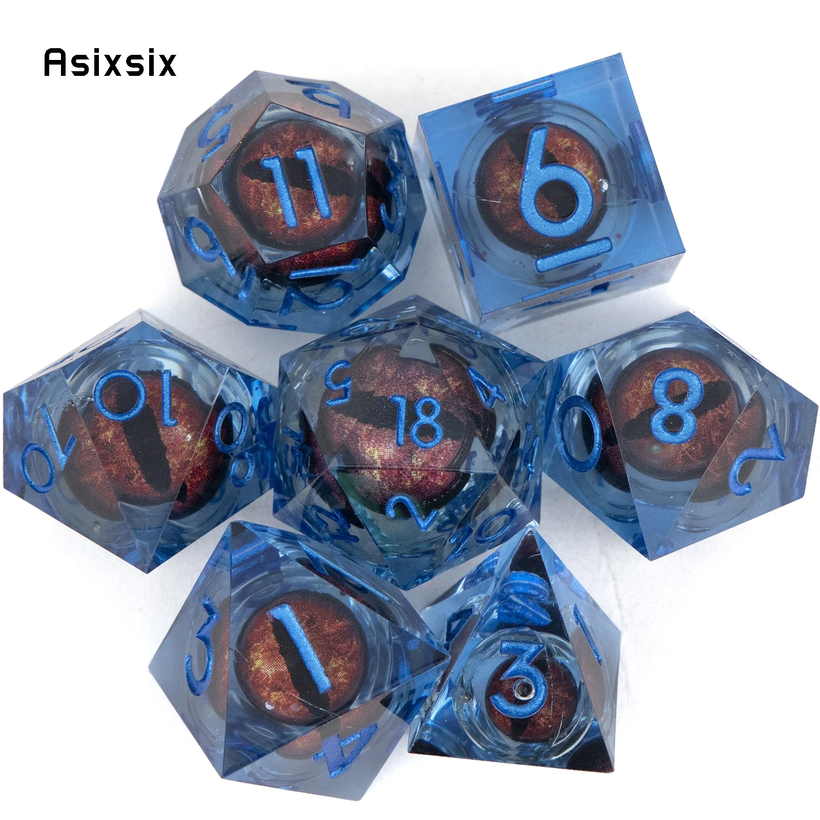 

7 Pcs Blue Eyeball Blue Number Sharp Edge Resin Dice Polyhedral Dice Suitable for Role-Playing RPG Board Game