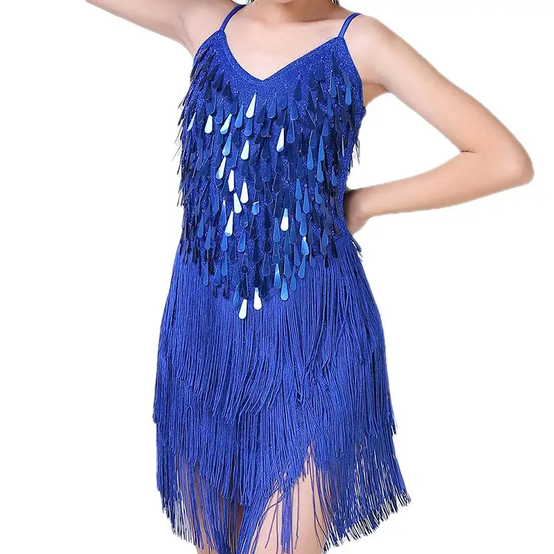 Girl's Sequin Tassel Dress Latin Dance Skirt Costume Sparkling for Kids Ballet Tango Rumba Dance Wear 