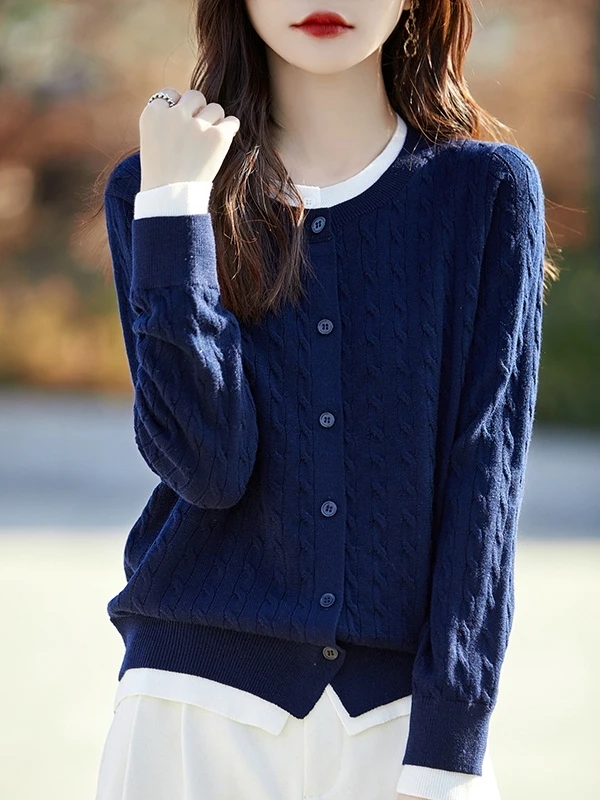 

Премиальный шерстяной вязаный кардиган с круглым вырезом для женщин, модный осенне-зимний свитер-жакет с длинными рукавами для повседневной носки