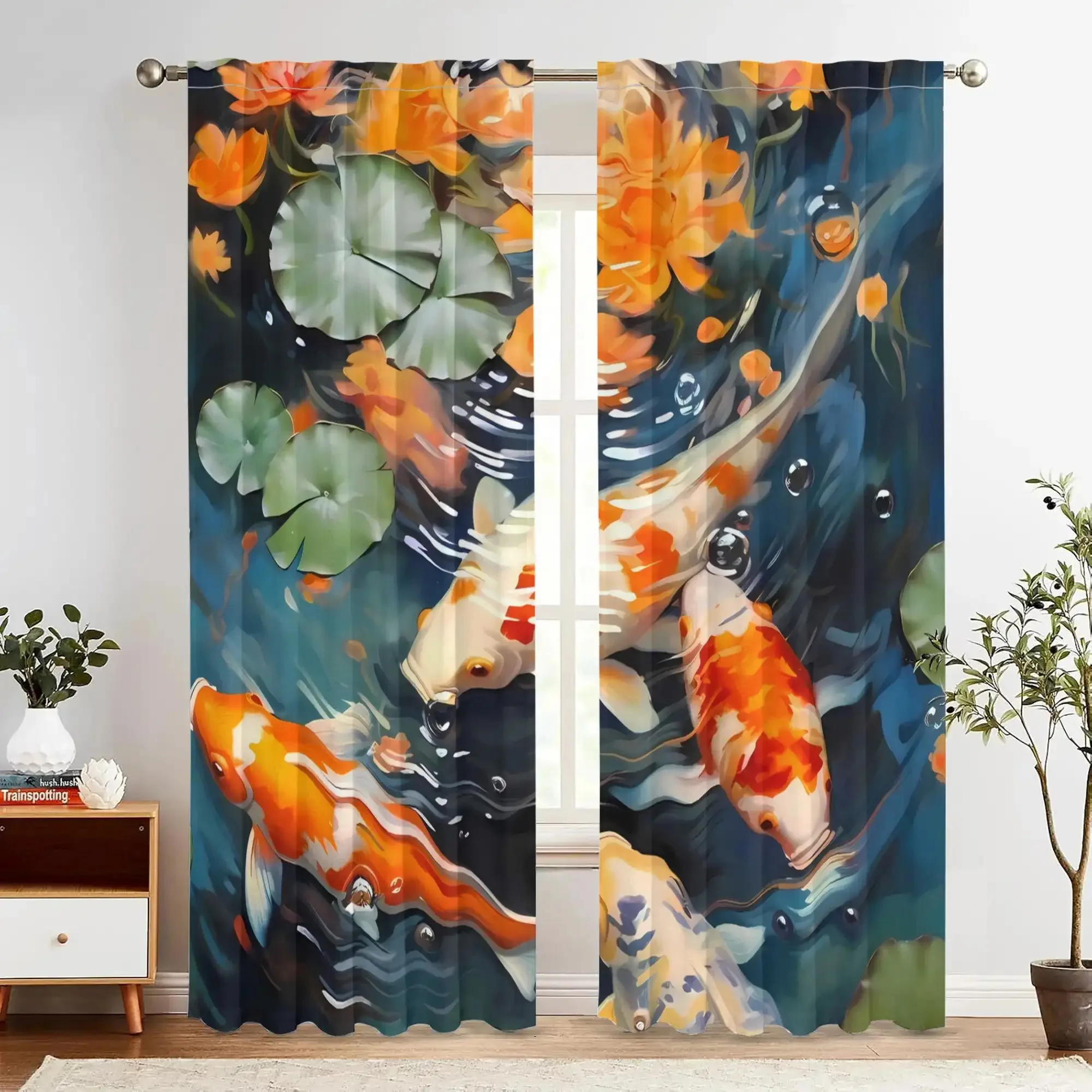2pcs Koi Fish Swim Curtain- Retro Style Blackout Curtains with Vibrant Koi Fish& for Lotus Design, 100% Polyester Mach
