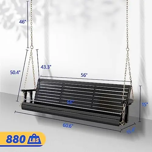 Upgraded Patio Wooden Porch Swing for Courtyard & Garden, Heavy Duty 880 LBS Swing Chair Bench with Hanging Chains for