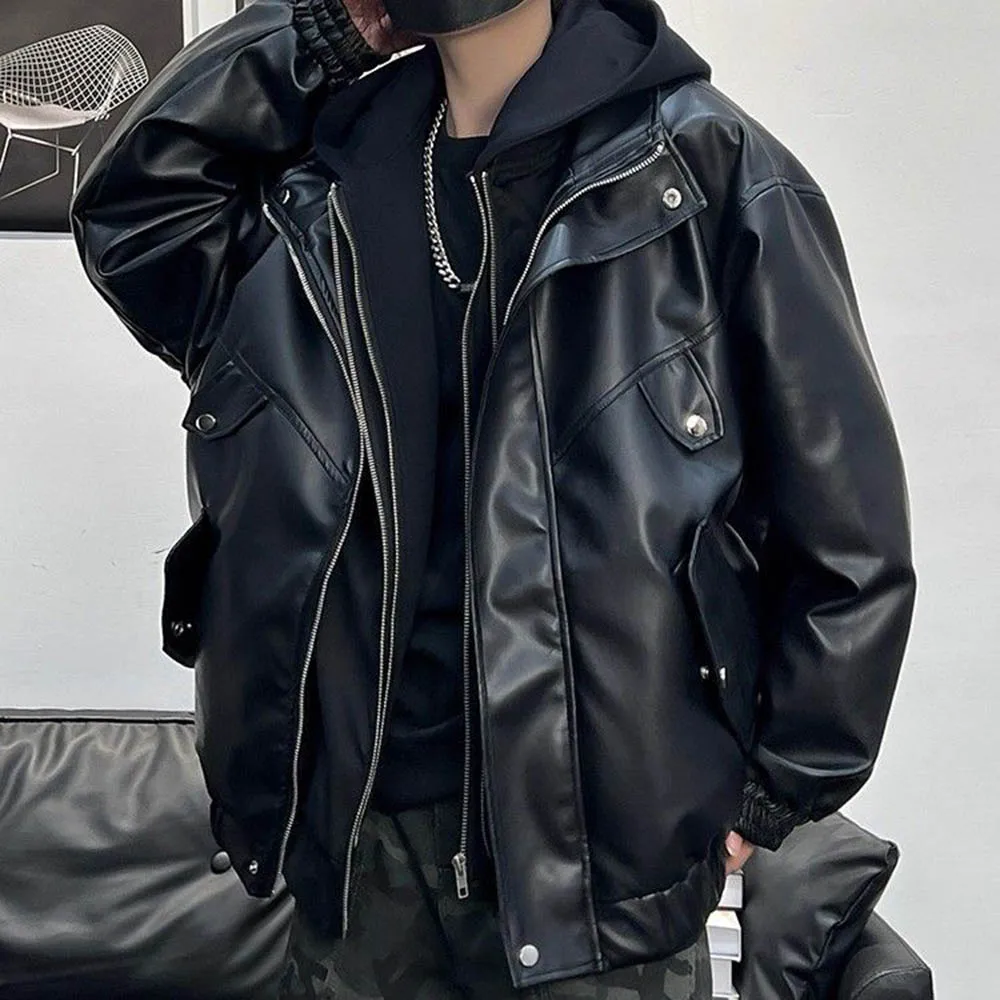 Mens Autumn Pu Leather Motorcycle Biker Pu Jacket Streetwear Fashion Youth All-Match Long-Sleeved Jacket Men'S Clothing 2025 New