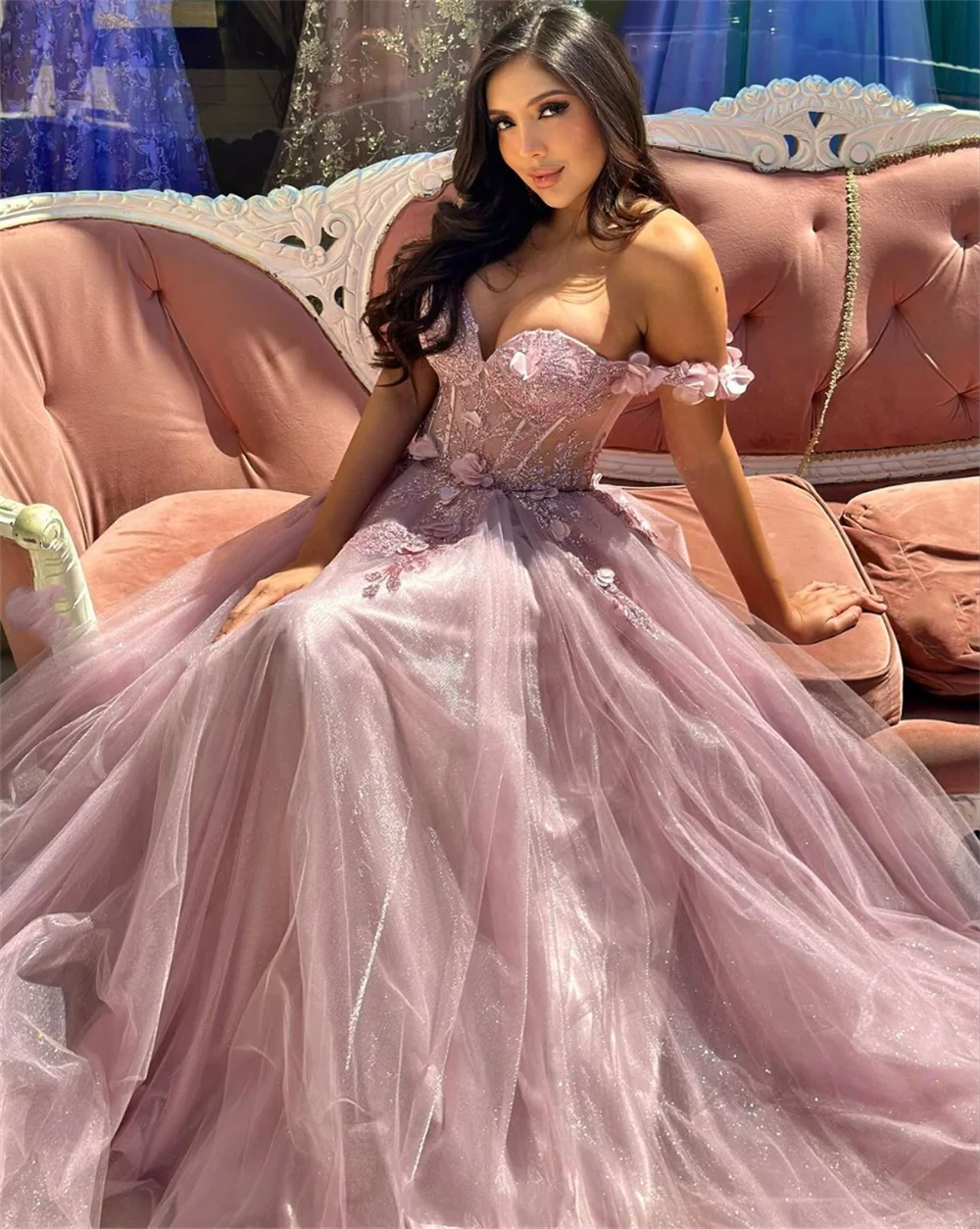 Jessica Glitter 3D Tulle Prom Dress Pink Off The Shoulder Evening Dresses Special Occasion Graduate Party Dresses Wedding Dress