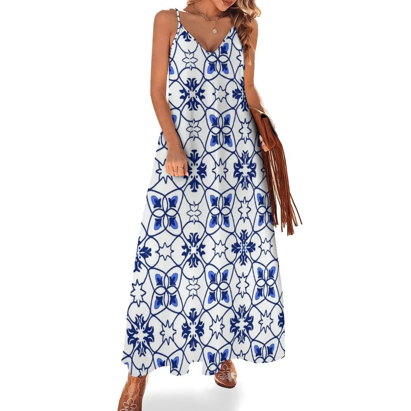 Blue marine portuguese tile pattern - white background Sleeveless Dress summer women's suit Women's evening dress