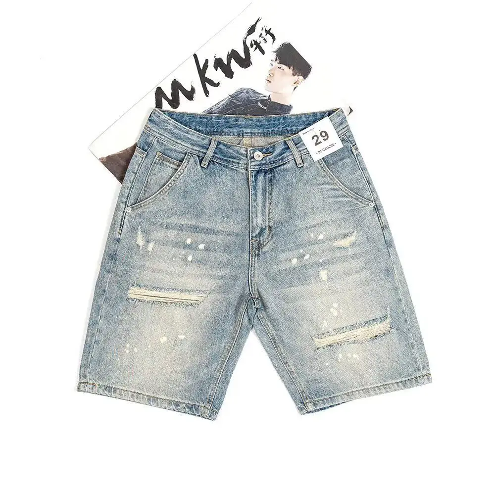 Summer Light Blue Straight Ripped Thin Denim Shorts Ink-splashing Half Pants Beggar Slim-fitting Medium Pants Jean Shorts