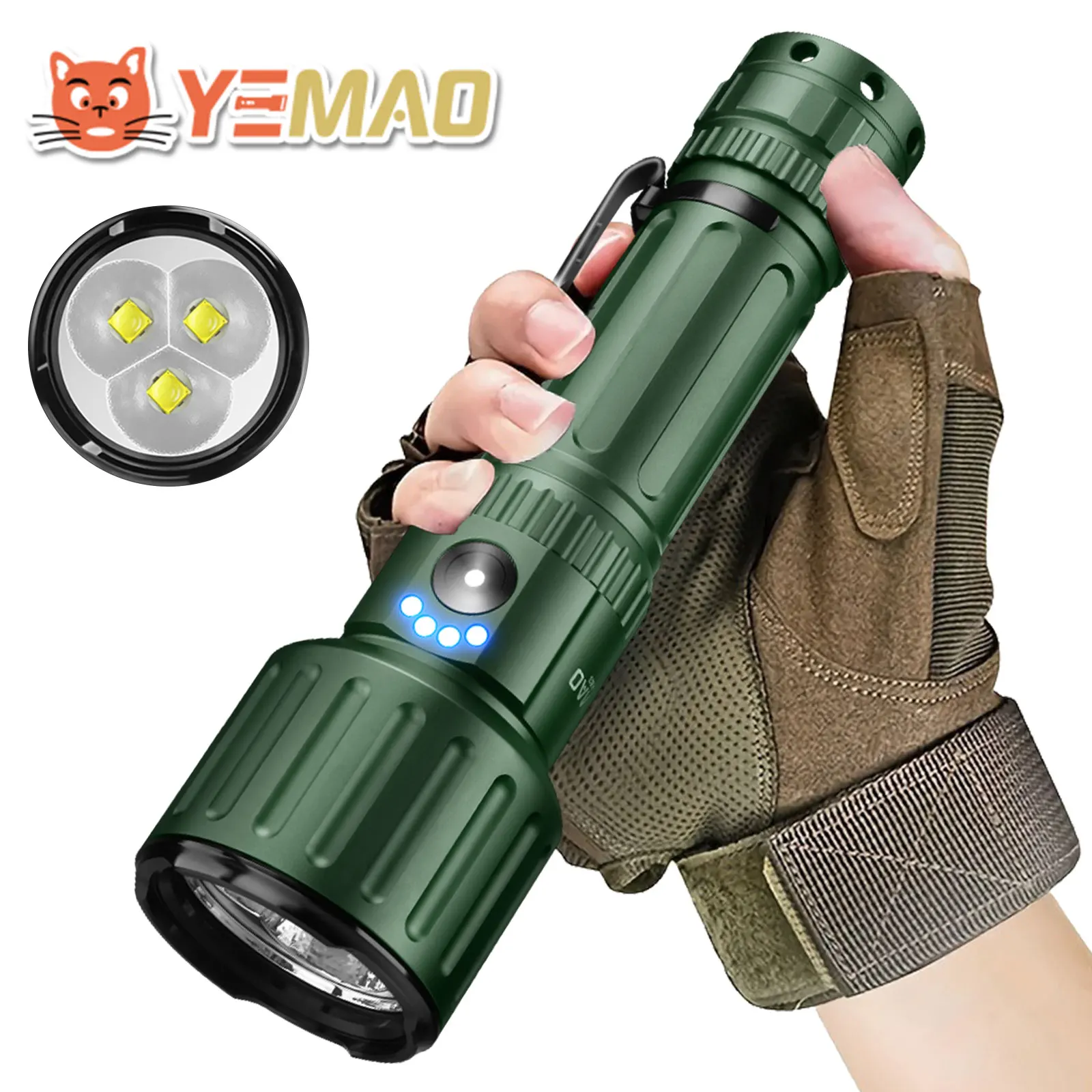 

YEMAO LED Flashlight Tactical 5000lm Powerful 21700 USB C Rechargeable Torch with Tail E-switch Outdoor Search Light