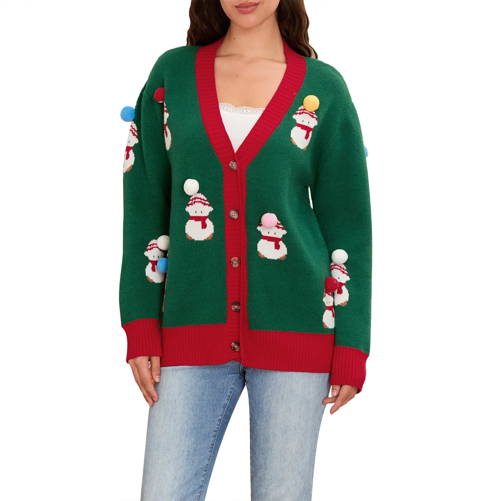 

Christmas Button Sweaters Tops Women Casual Snowman Pattern Long Sleeves Knitted Cardigans Warm Fall Knitwear for Streetwear