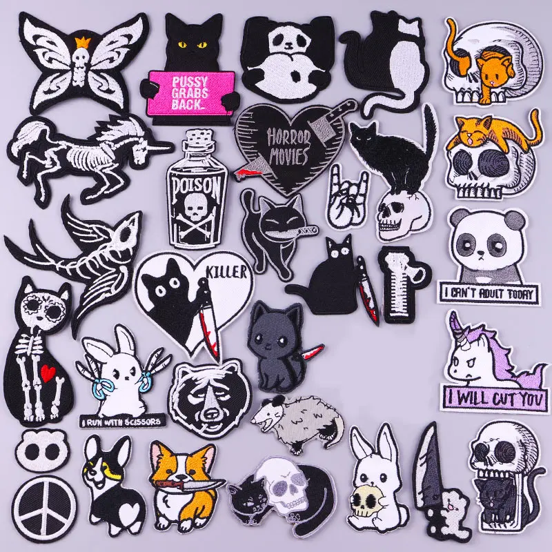 DIY Funny Cat Animal Iron On Patches Punk Skull Patches On Clothes Cool Embroidery Patches For Clothing Stickers Badge Stripe