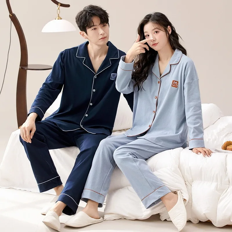 Youth Couple\'s Pajamas Autumn Cotton Soft Men and Women Matching Lounge Wear Lapel Cartoon Printed pijamas para parejas