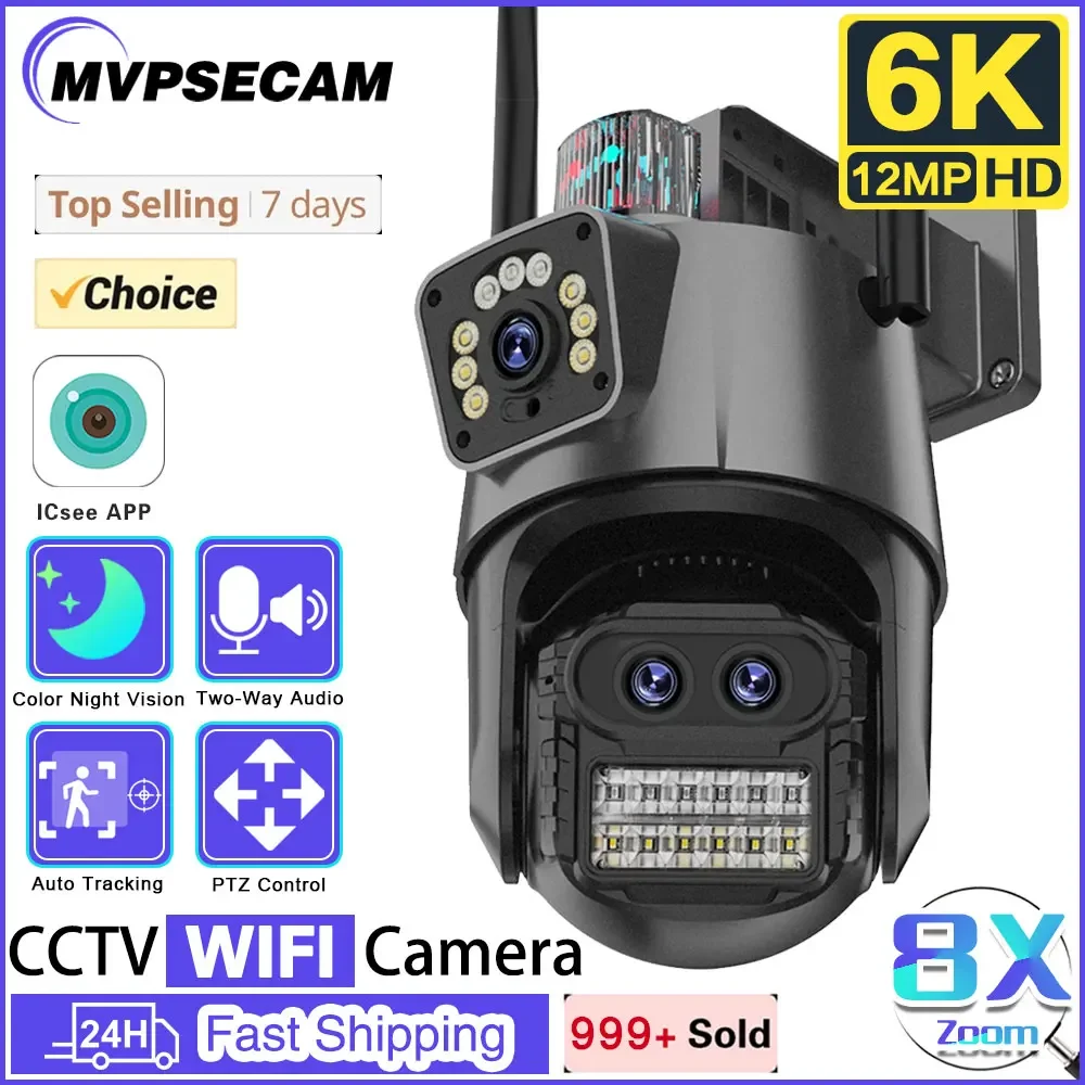 

6K 12MP WiFi Outdoor Camera 8X Zoom Three Len Ai Motion Tracking PTZ 4K Video Camera Security Protection Waterproof Surveillance