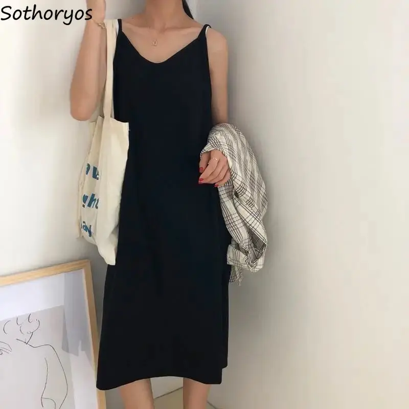 Summer Nightgowns Women Solid Simple Calf Length V-neck Sleeveless Nightdress Casual Basic Comfortable Sleepwear Korean Stylish