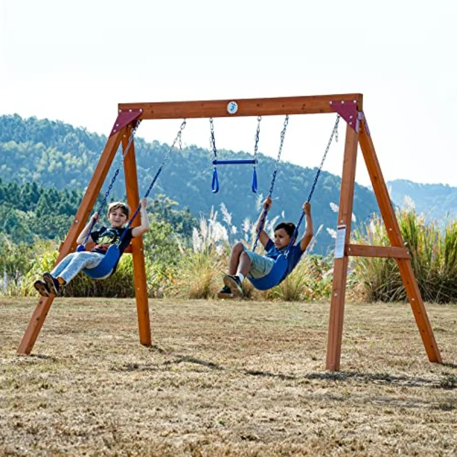 

Swing Sets for Backyard, Wooden Swing Set Outdoor for Kids with Trapeze Swing Bar and 2 Belt Swings, Heavy Duty Playground Acces