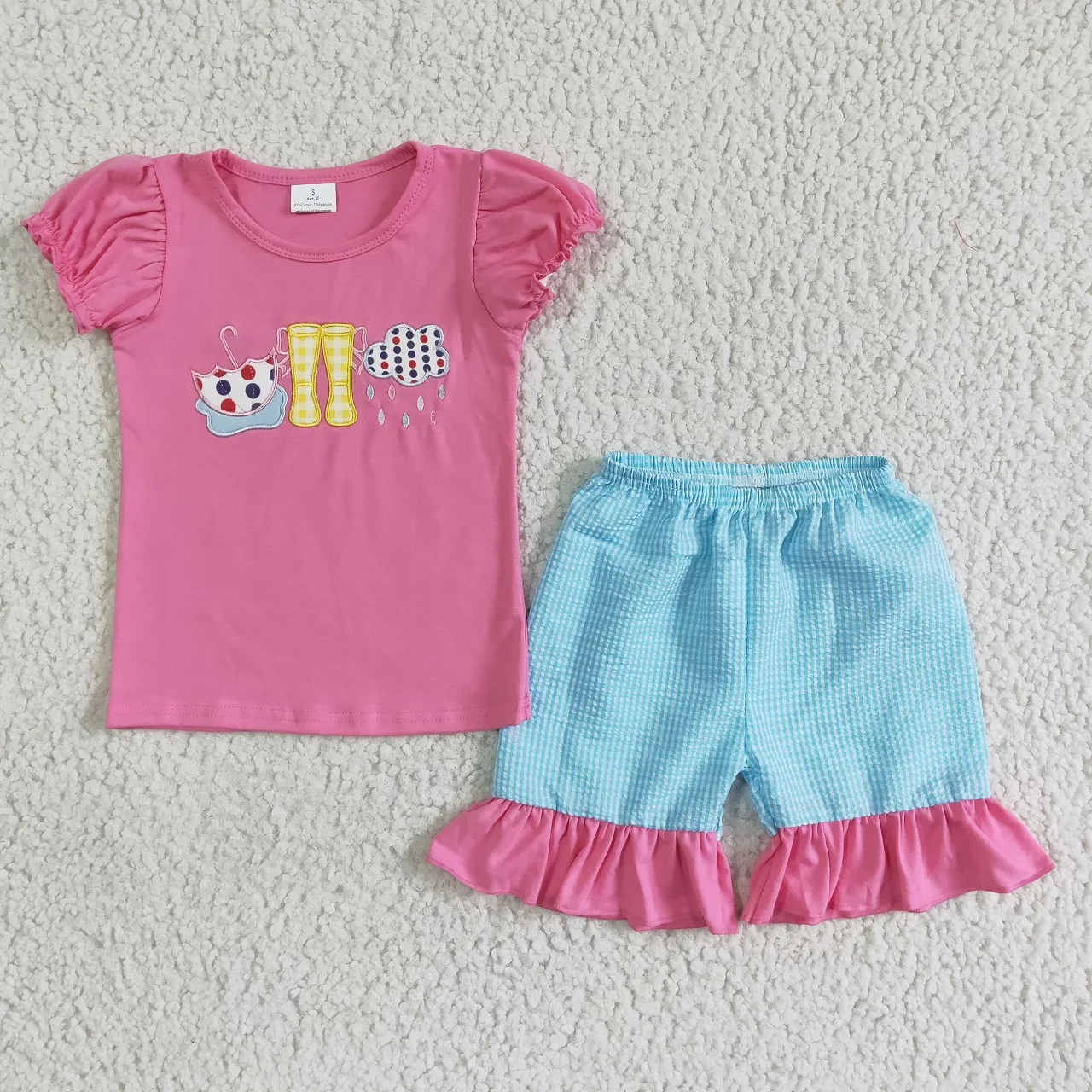 Wholesale Baby Girl Summer Set Short Sleeves Embroidery Cotton Clothes Shirt Kid Ruffle Checked Shorts Children Clothing Outfit