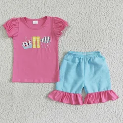 Wholesale Baby Girl Summer Set Short Sleeves Embroidery Cotton Clothes Shirt Kid Ruffle Checked Shorts Children Clothing Outfit