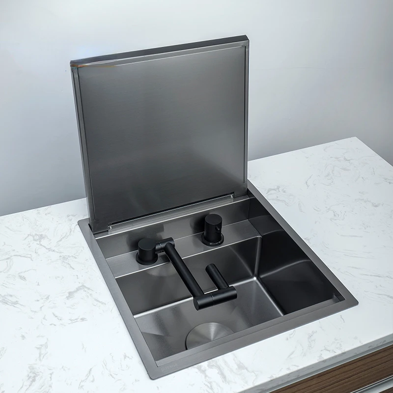 Topmount Kitchen Sink with Nano Black Drop-In Cover and Slow-Close Technology in 304 Stainless Steel for Bar Island