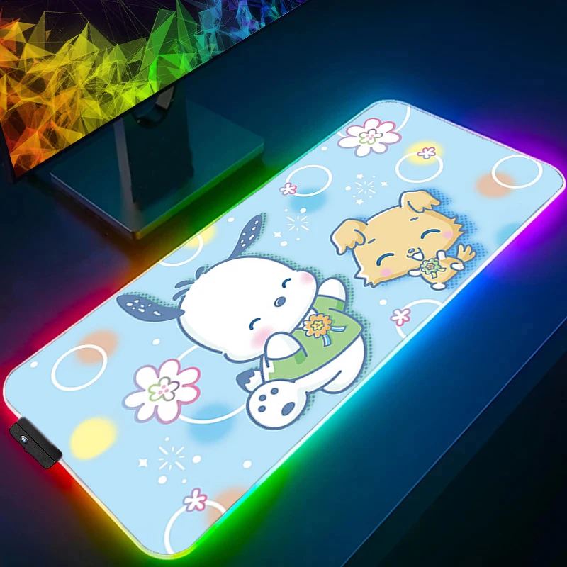 แผ่นรองเมาส์ RGB ลายโปชาโกะ สำหรับเกมเมอร์ ใช้ได้กับสำนักงาน แล็ปท็อป คอมพิวเตอร์ขนาดใหญ่ แผ่นรองเมาส์เกมแบบขยายพร้อมไฟ LED แผ่นรองโต๊ะ คีย์บอร์ด ยางกันลื่น พร้อมไฟแบ็คไลท์