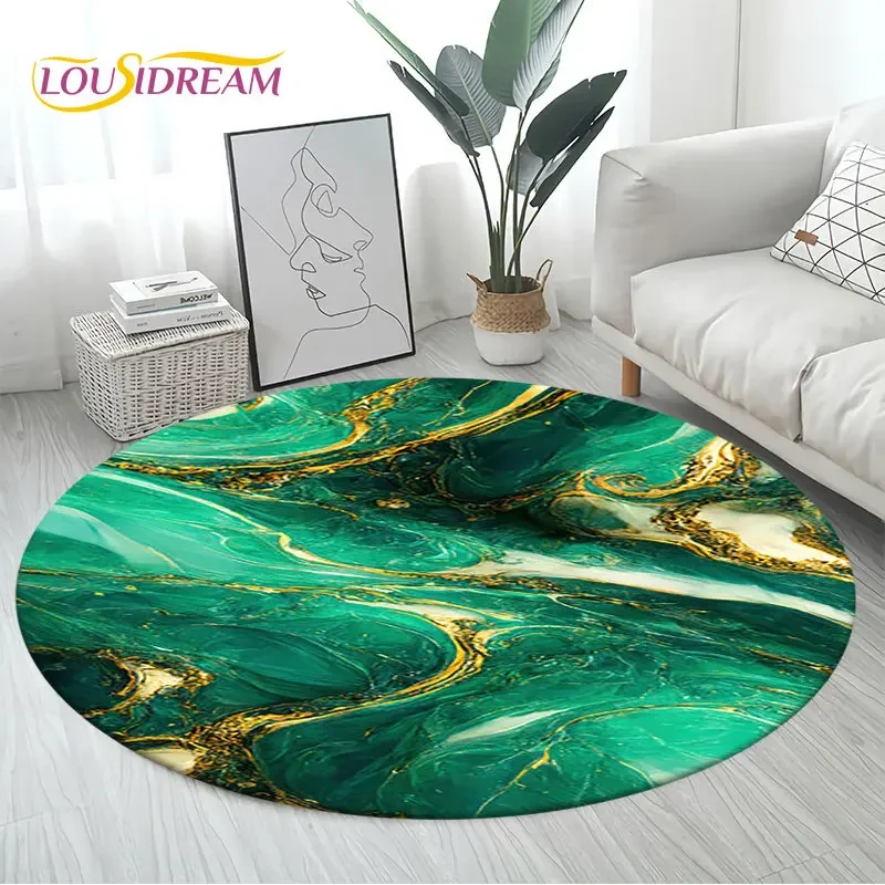 Colour Nordic Green Gold White Marble Round Area Rug,Circle Carpet Rug for Living Room Bedroom Sofa Decor, Floor Mat Kitchen Mat